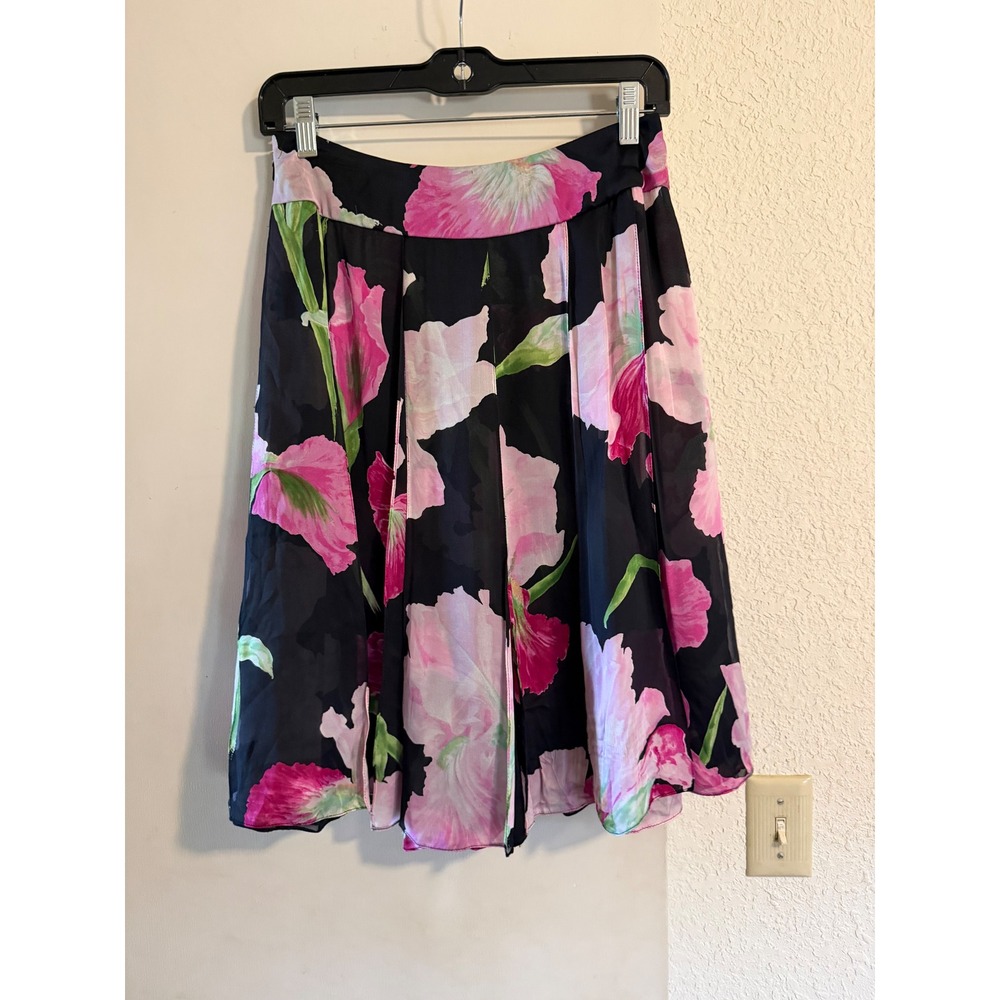 Carmen Marc Valvo Collection 100% Silk Floral A-Line Midi Skirt Black Pink‎ Sz 4
